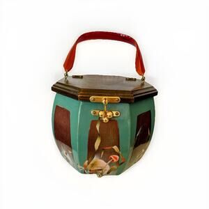 Vintage Retro Decoupage Mushrooms Wooden Purse Octagon Lucite Handle Beautiful